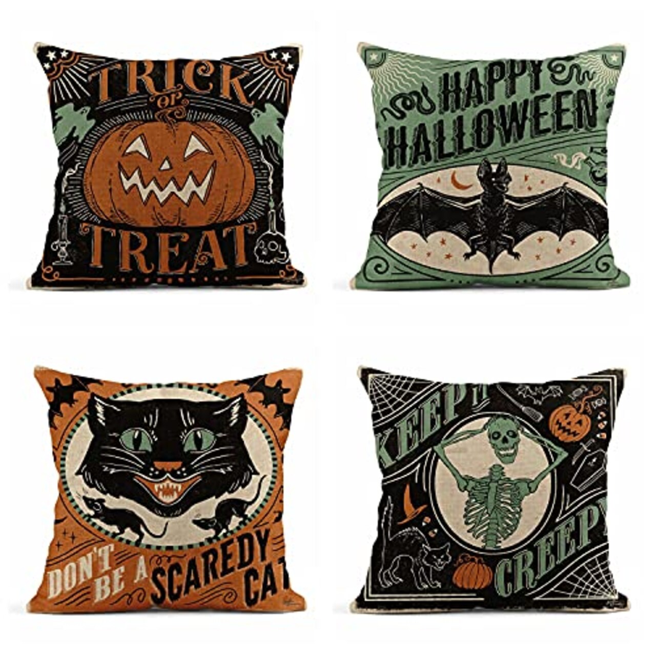 4 Pieces Linen Throw Pillow Covers 18x18 Inch Vintage Halloween Scaredy Cats Pumpkins Skeletons Home Decor Pillowcase Square Cushion Covers for Sofa Bed Couch